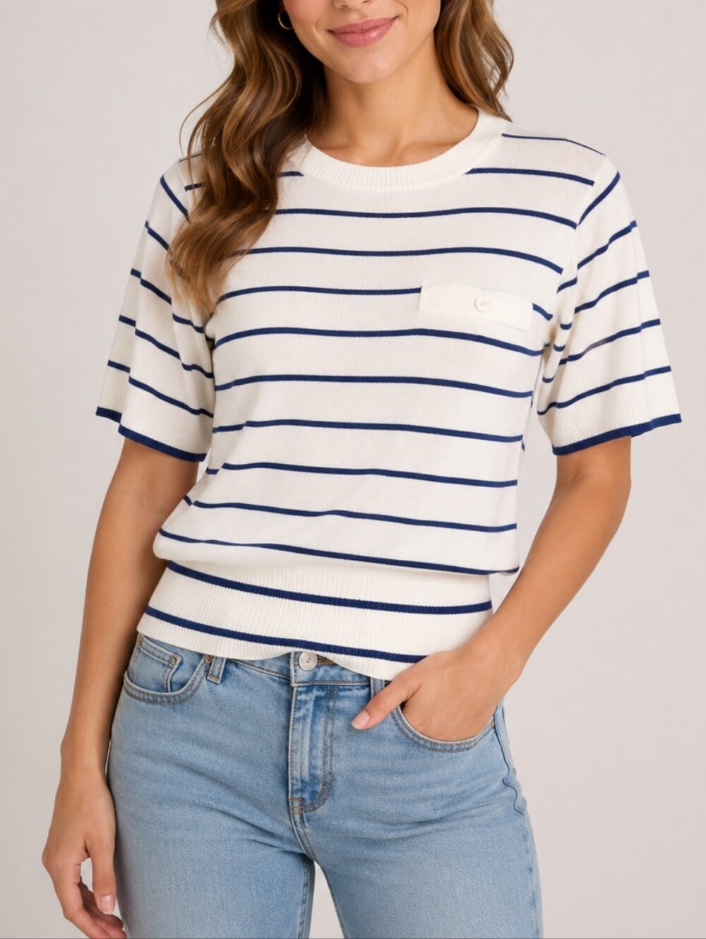 PS ILLUSTRATIONS Women's White & Blue Striped Knit Short Sleeve Sweater